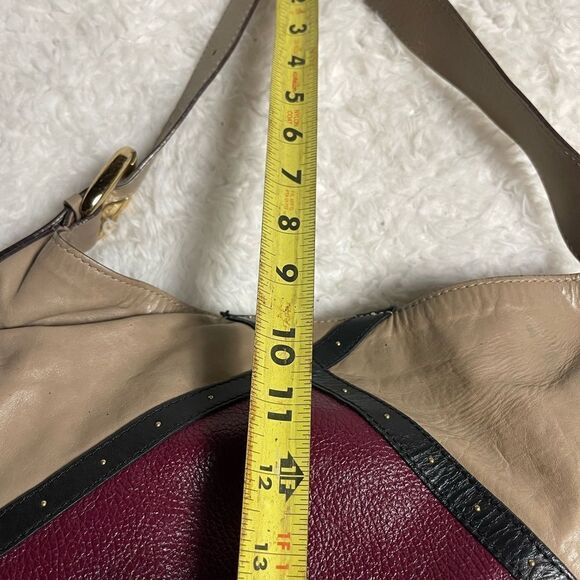 A. Bellucci leather Khaki Satchel with patch work accents, gay, burgundy &black. - Picture 5 of 13